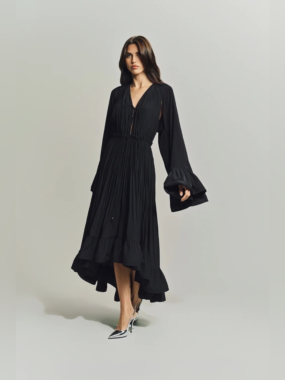 Lanvin Long Charmeuse Ruffle Dress Black Size 36